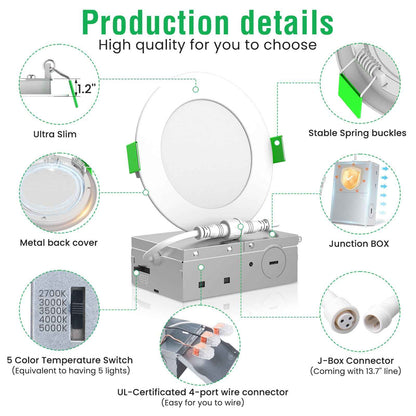 4'' Recessed LED Ceiling Light 9W, with Junction Box Downlights, 12pcs 5CCT Dimmable
