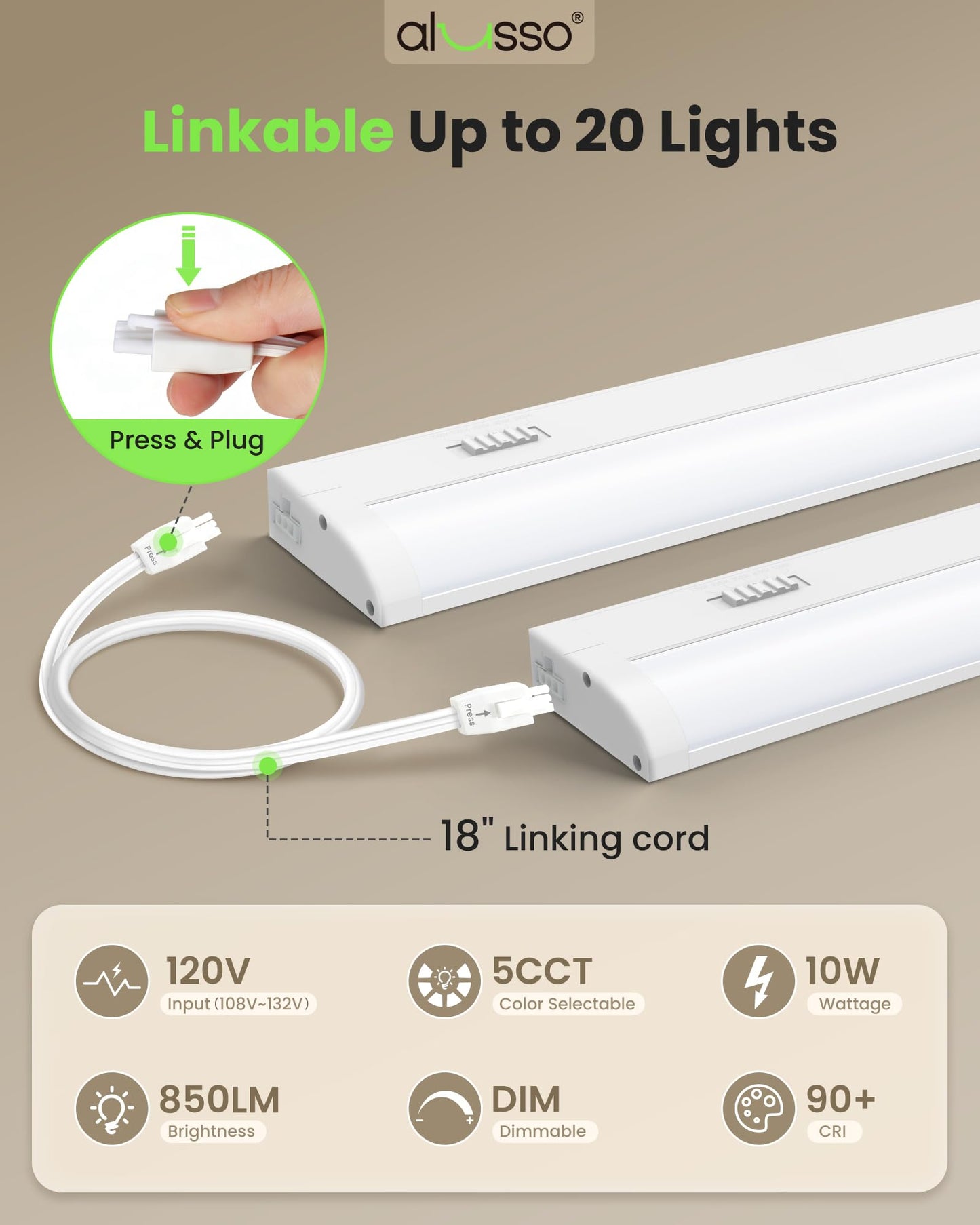 18 Inch 10W LED Under Cabinet Light Dimmble 5CCT Linkable Hardwired Light 2 pack