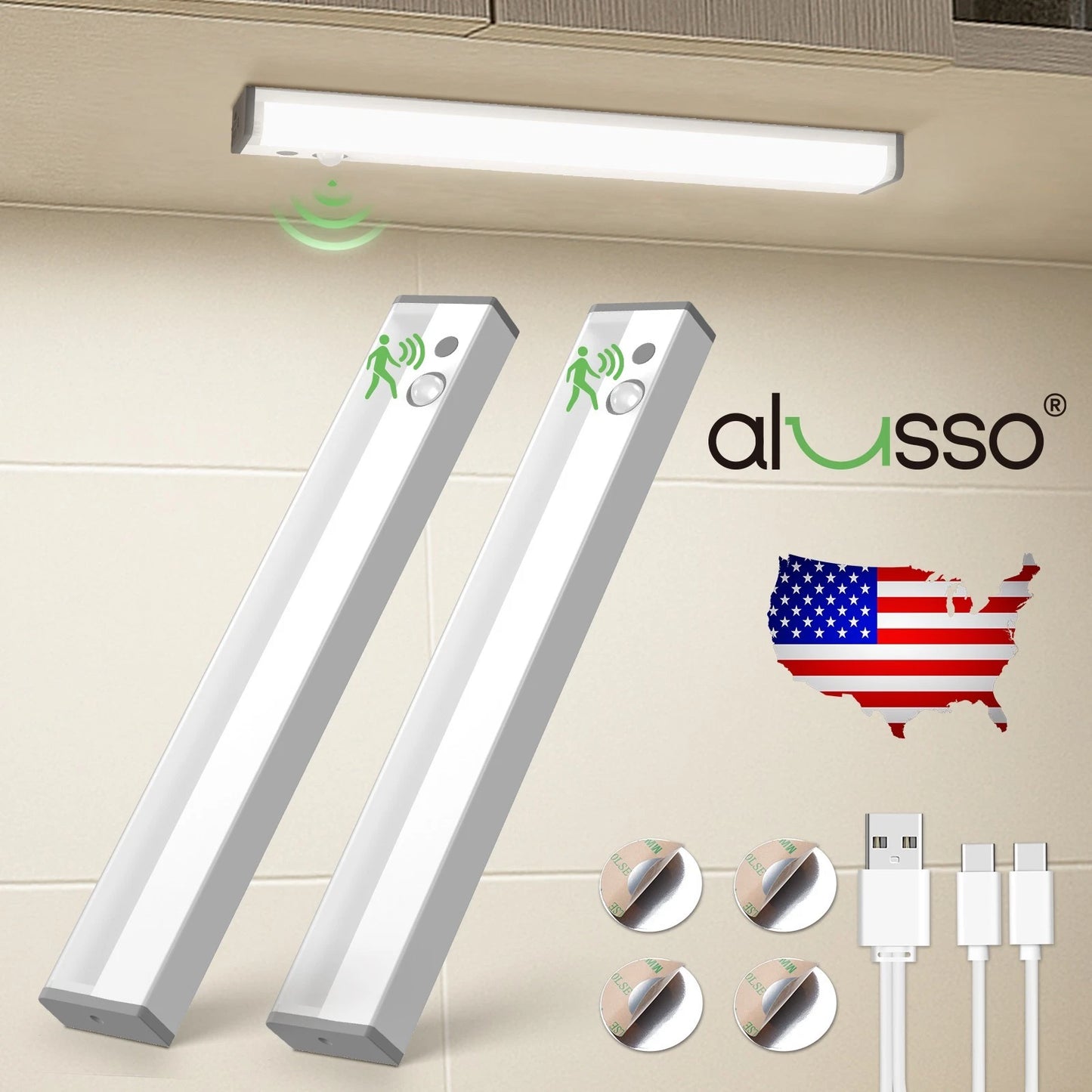 2 Pack Wireless LED PIR Motion Sensor Strip Cabinet Closet Light USB Rechargeable
