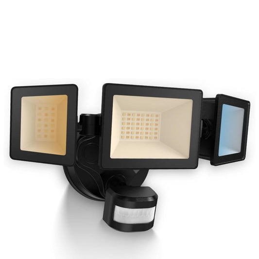 Manual Control LED Security Lights Outdoor 3 Heads, D2D, 40W 4000LM 3000K-4000K-6500K IP65, Black