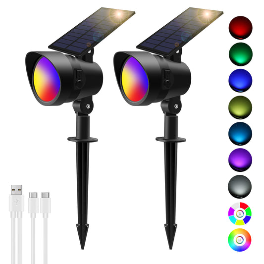 Solar Spot Lights Outdoor RGB, 7 Colours 9 light mode Christmas Lights, Adjustable Solar Powered Landscape Lights, IP65, 2 Pack