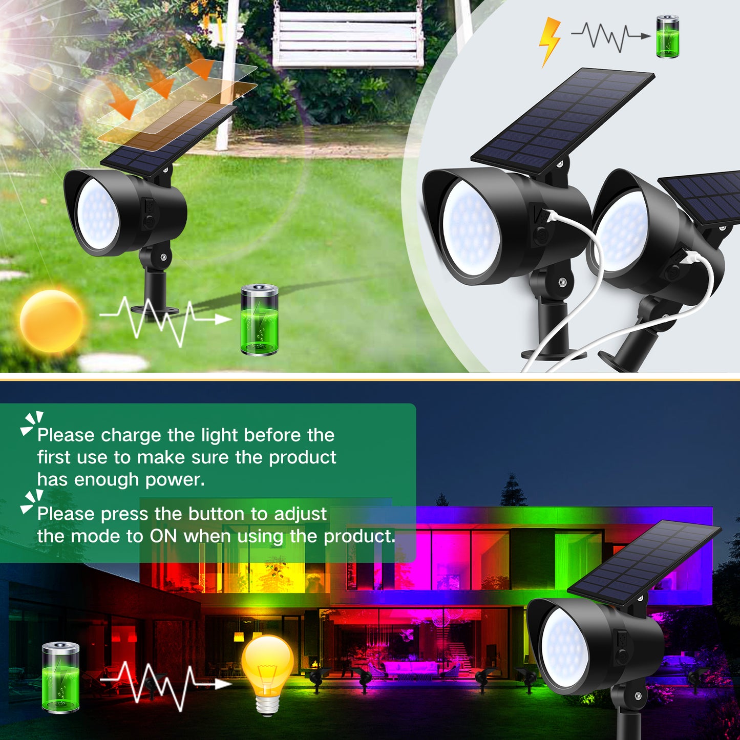 Solar Spot Lights Outdoor RGB, 7 Colours 9 light mode Christmas Lights, Adjustable Solar Powered Landscape Lights, IP65, 2 Pack