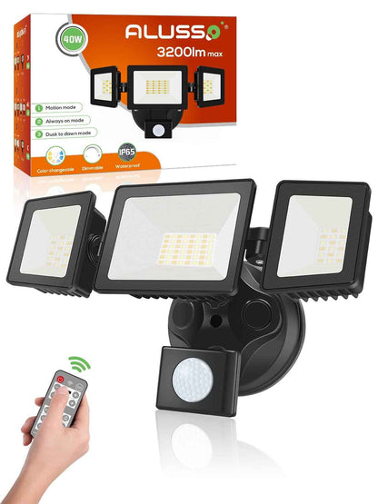 ALUSSO LED Security Lights Outdoor with Sensor, 40W 3200LM, CCT 3000K-6000K with Adjustable 3 Head, IP65 Waterproof