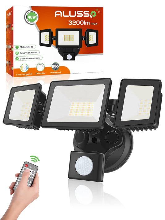 ALUSSO LED Security Lights Outdoor with Sensor, 40W 3200LM, CCT 3000K-6000K with Adjustable 3 Head, IP65 Waterproof