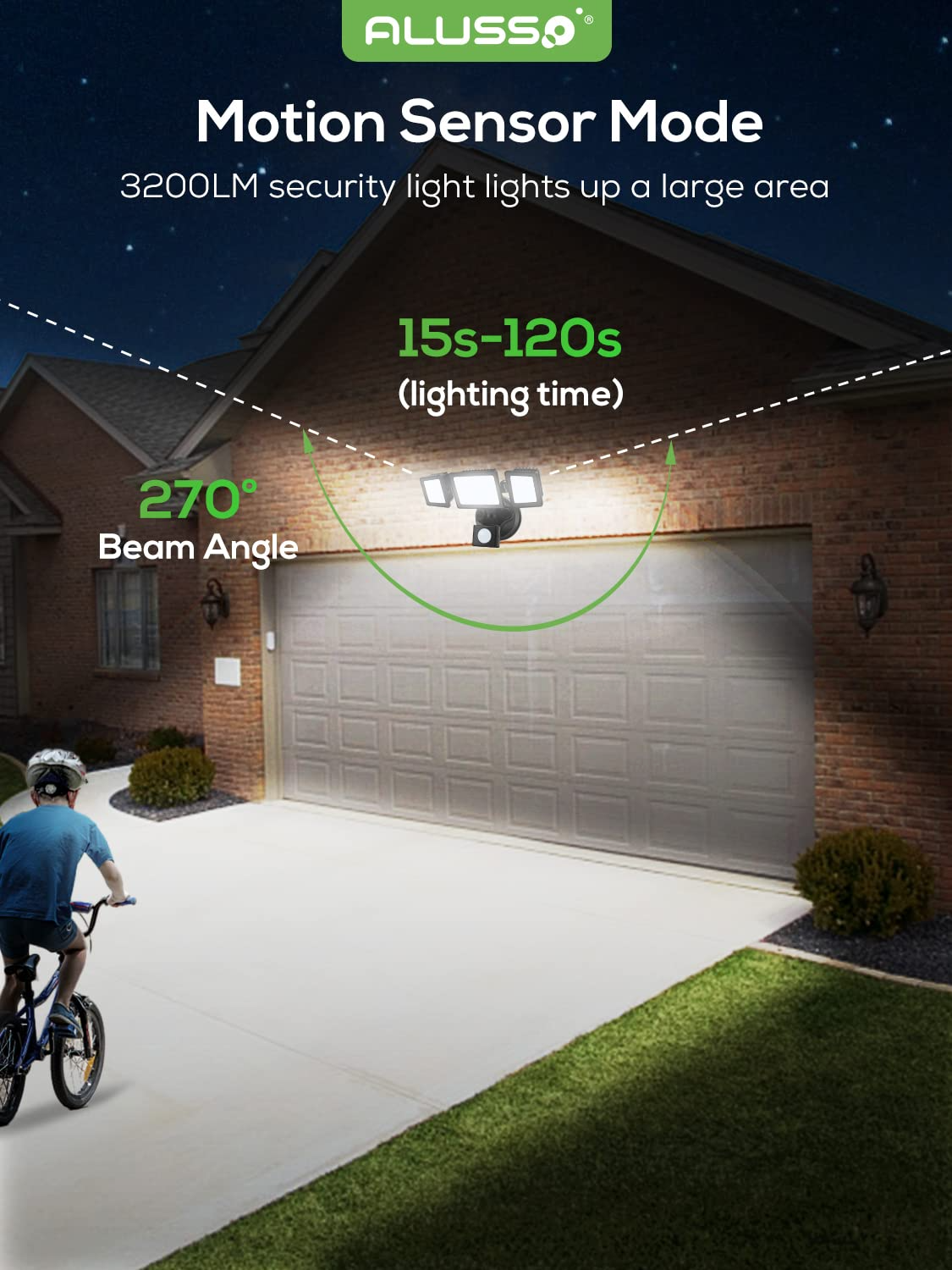 ALUSSO LED Security Lights Outdoor with Sensor, 40W 3200LM, CCT 3000K-6000K with Adjustable 3 Head, IP65 Waterproof